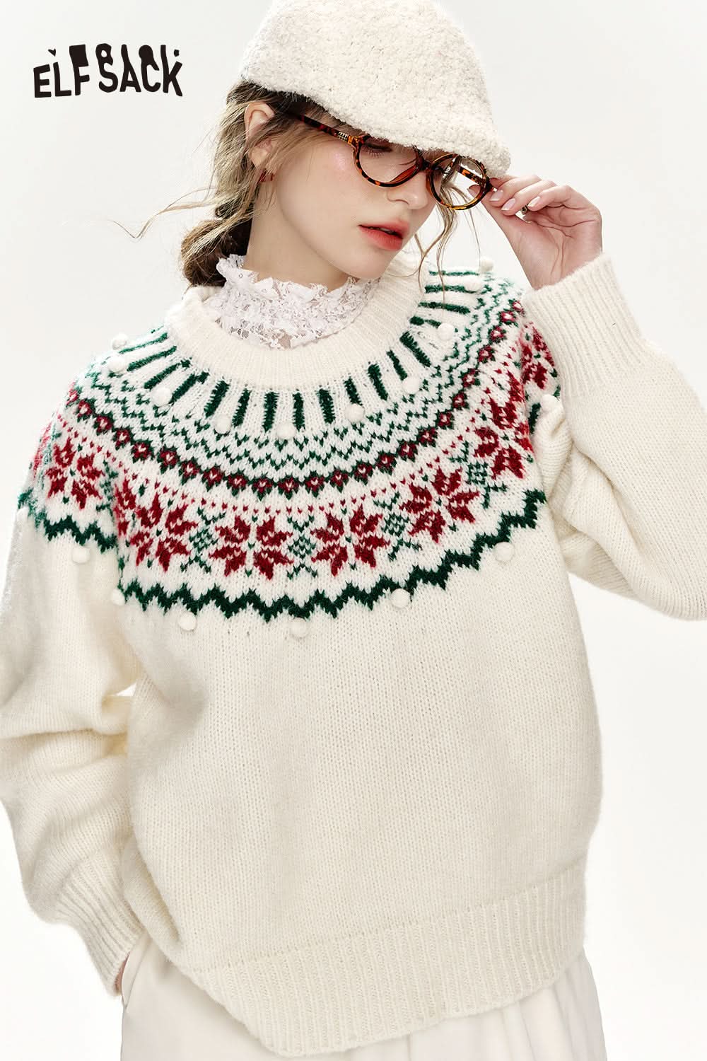 ELFSACK Christmas Red Loose Fair Isle Thickened Sweater Women