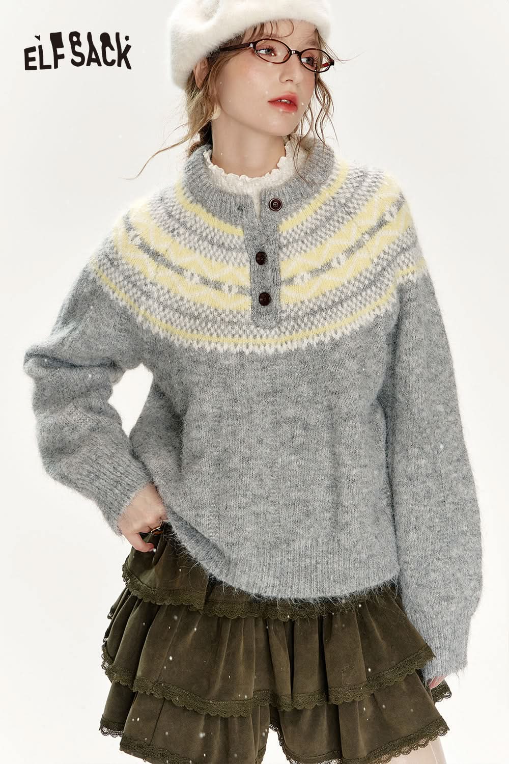 ELFSACK Christmas Red Loose Fair Isle Thickened Sweater Women