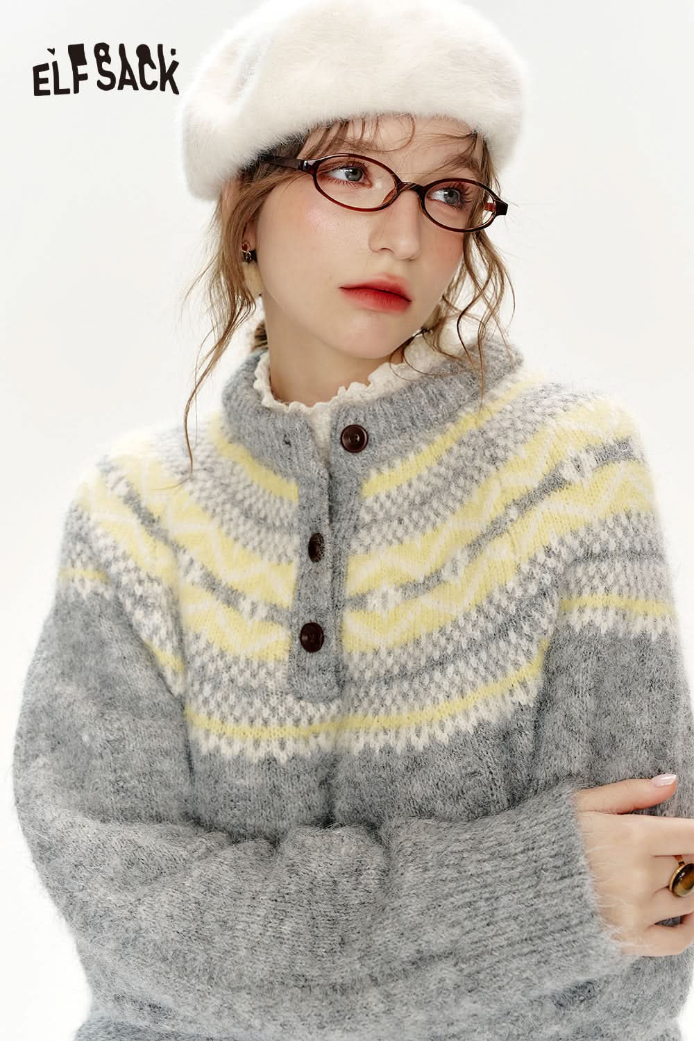 ELFSACK Christmas Red Loose Fair Isle Thickened Sweater Women
