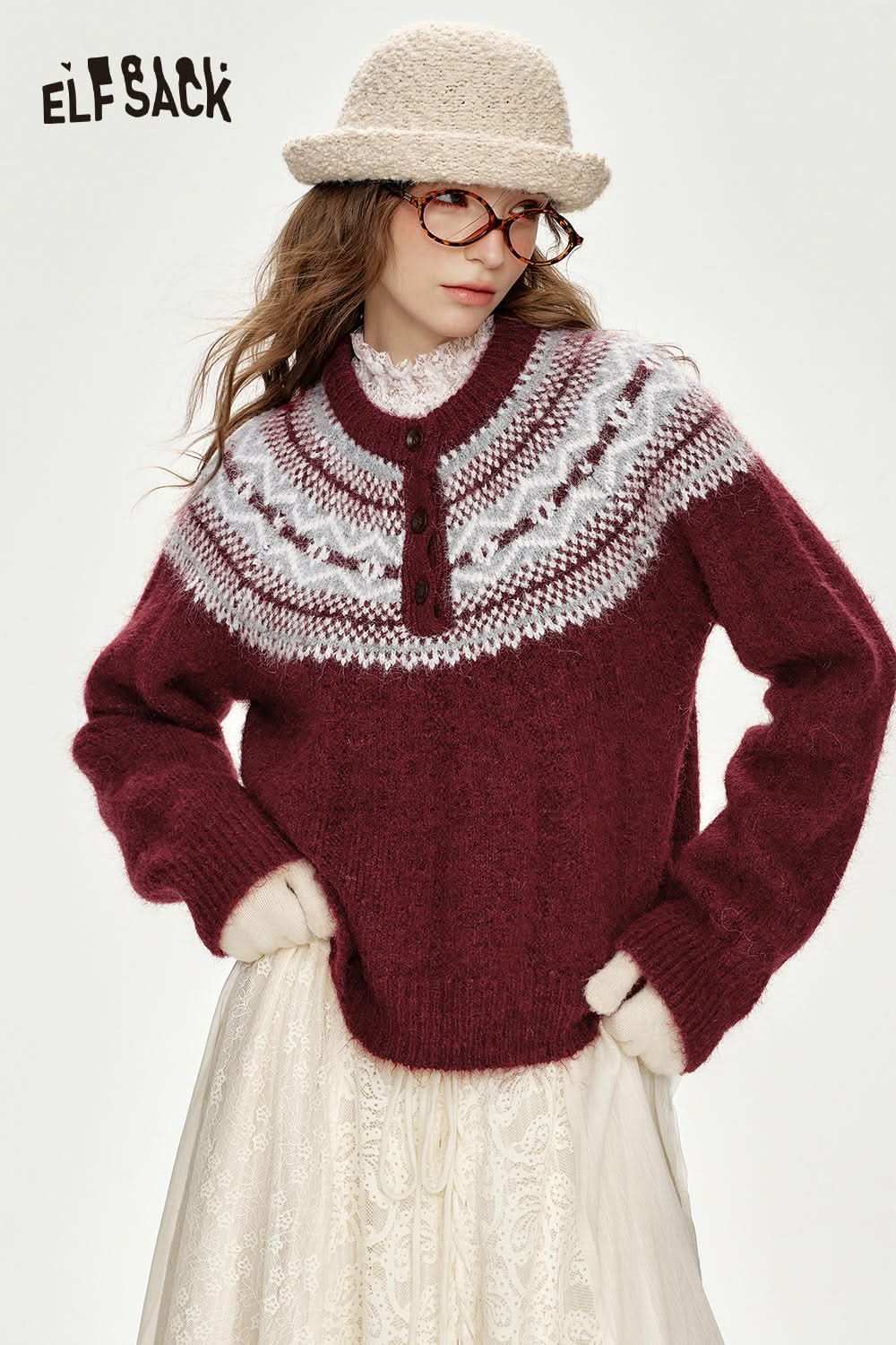 ELFSACK Christmas Red Loose Fair Isle Thickened Sweater Women