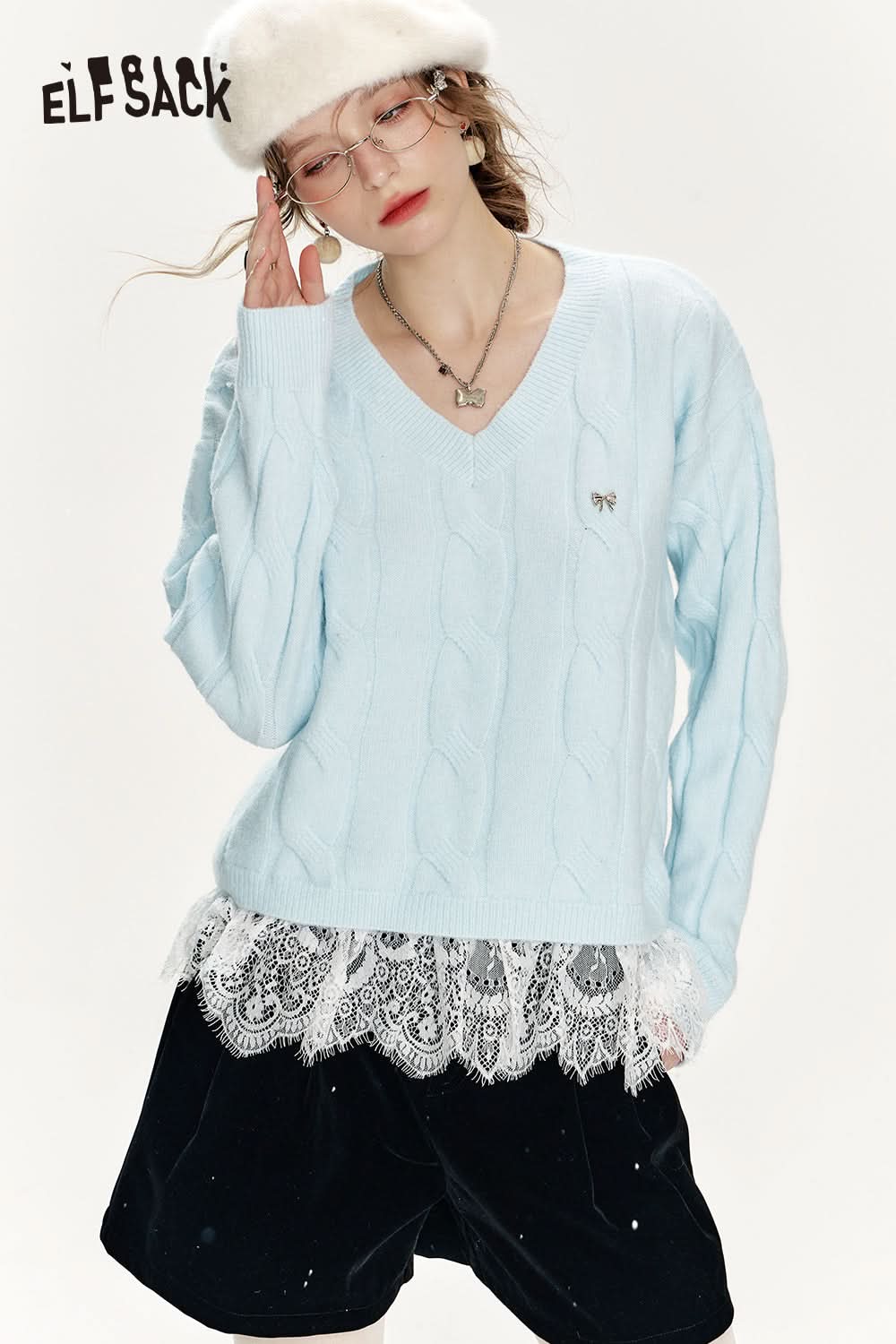 ELFSACK Preppy style soft sweater with v-neck lace stitching