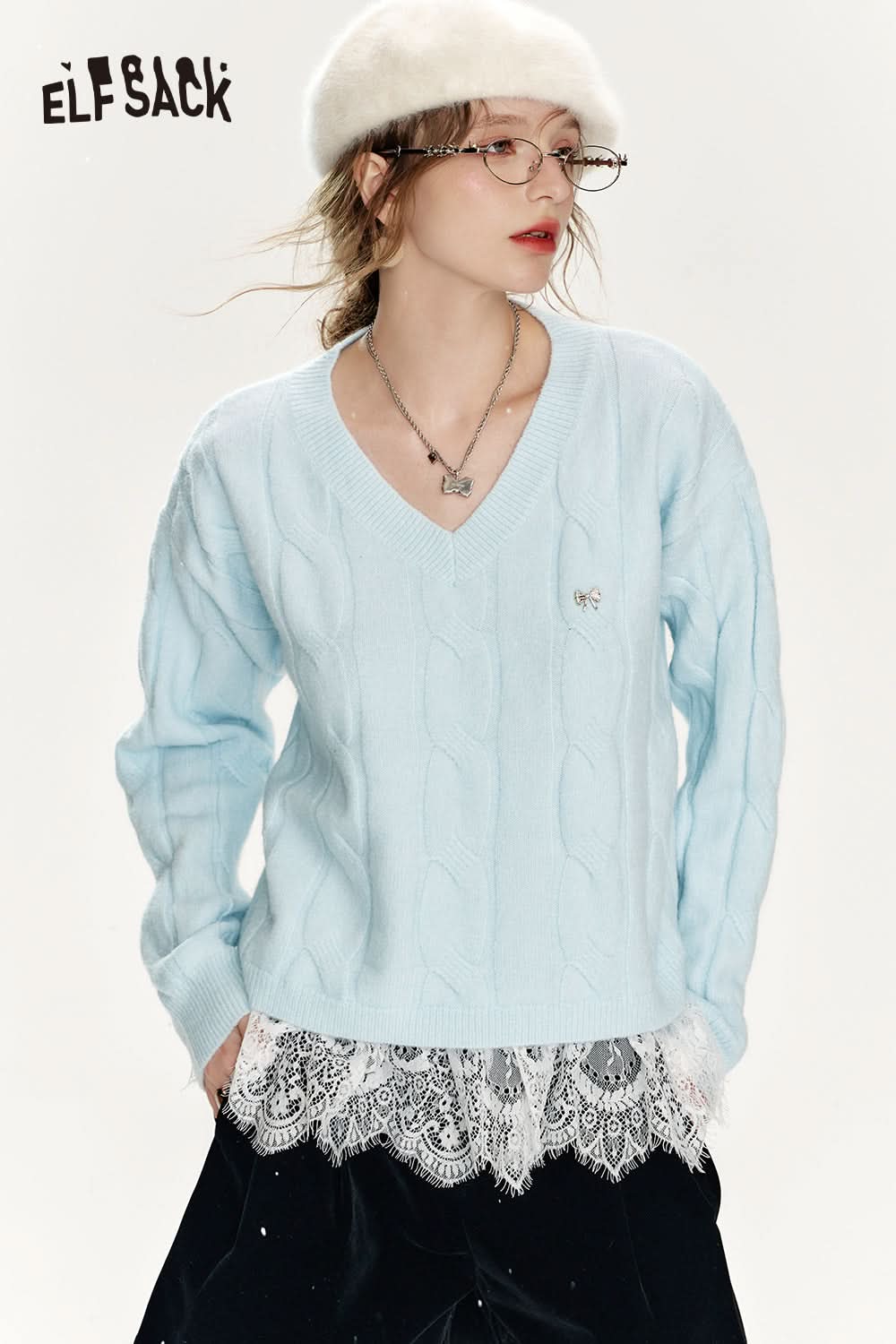 ELFSACK Preppy style soft sweater with v-neck lace stitching