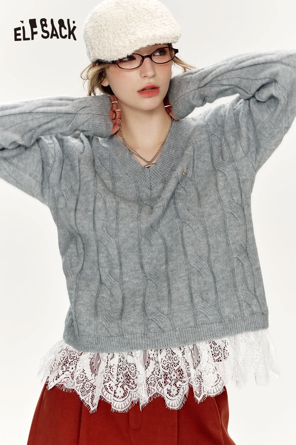 ELFSACK Preppy style soft sweater with v-neck lace stitching