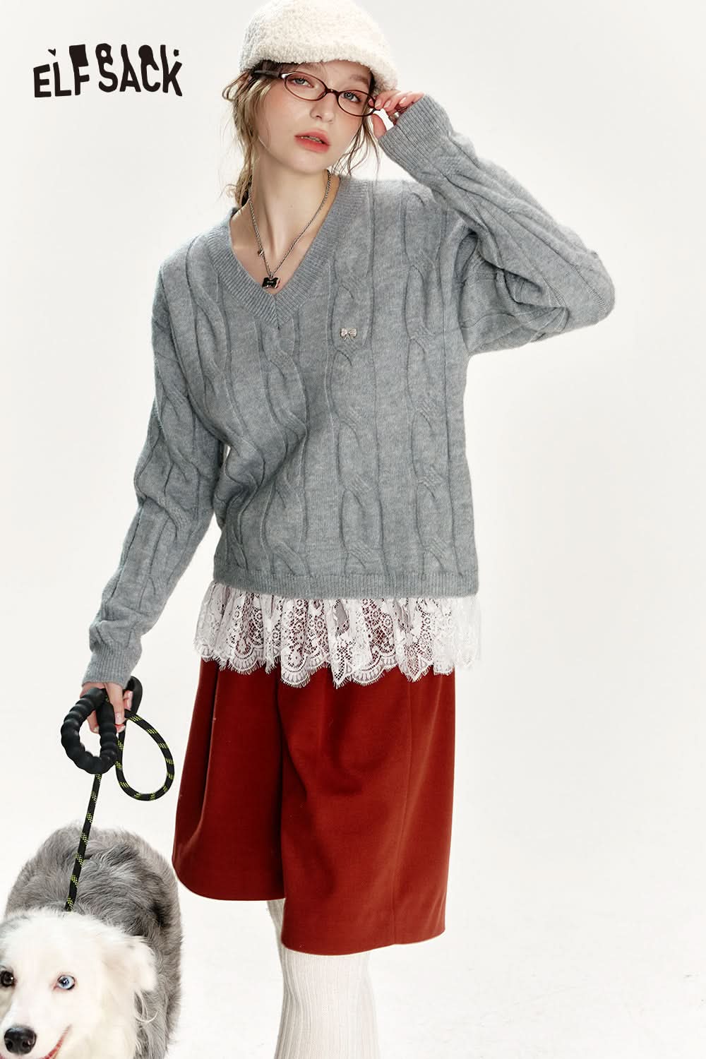 ELFSACK Preppy style soft sweater with v-neck lace stitching