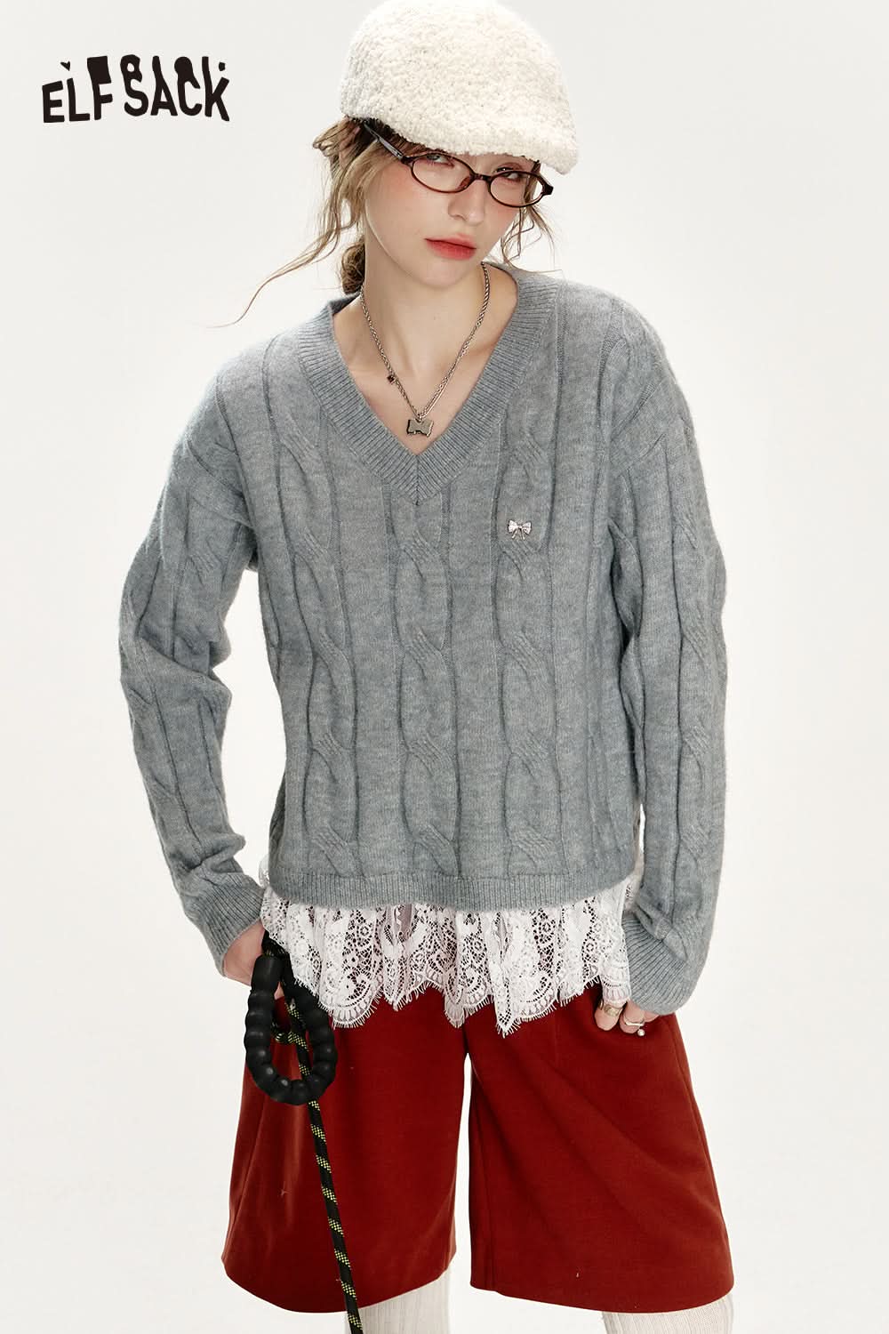 ELFSACK Preppy style soft sweater with v-neck lace stitching