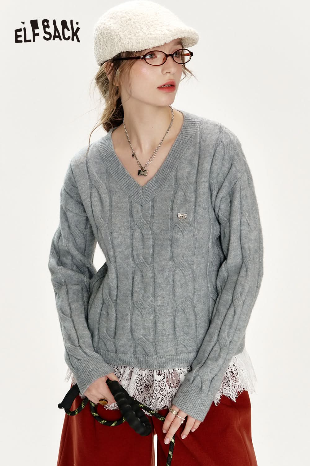 ELFSACK Preppy style soft sweater with v-neck lace stitching