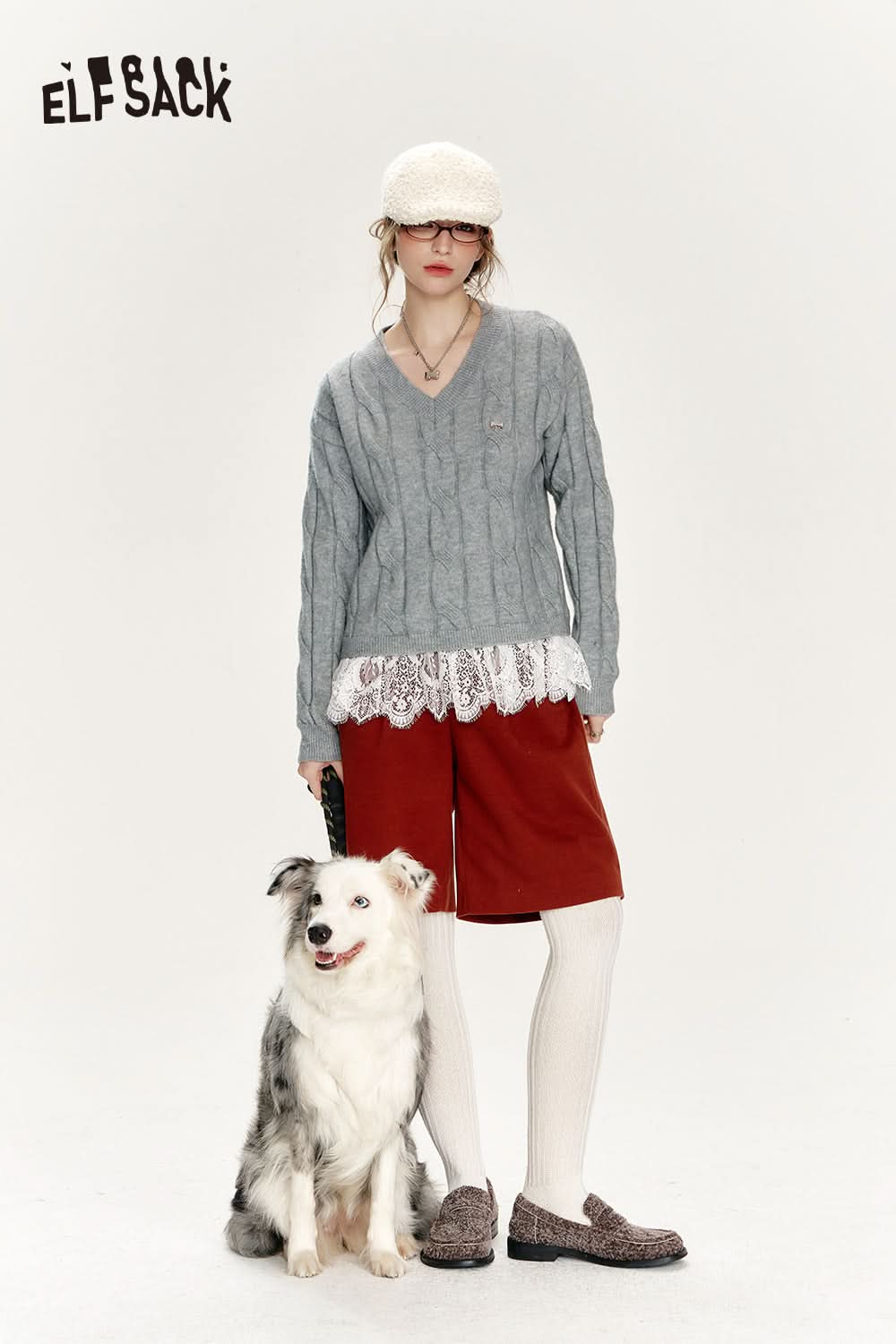 ELFSACK Preppy style soft sweater with v-neck lace stitching