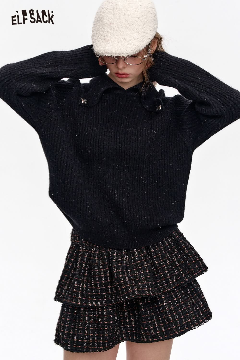 ELFSACK White Polo Neck Sweater Women Bow Metal Decoration