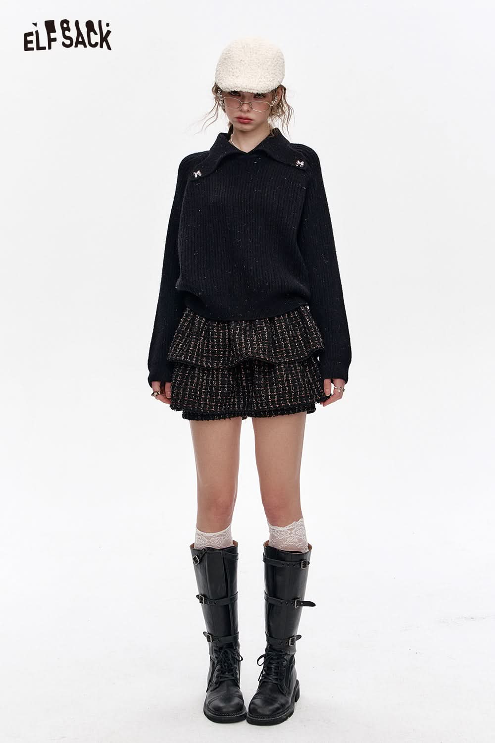 ELFSACK White Polo Neck Sweater Women Bow Metal Decoration