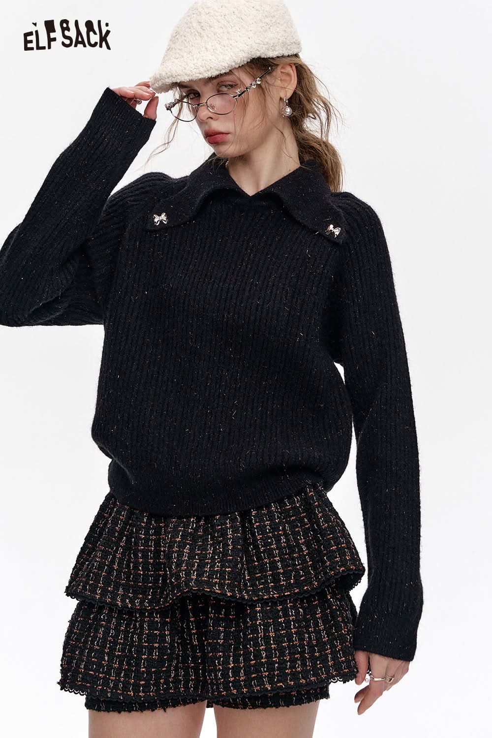 ELFSACK White Polo Neck Sweater Women Bow Metal Decoration