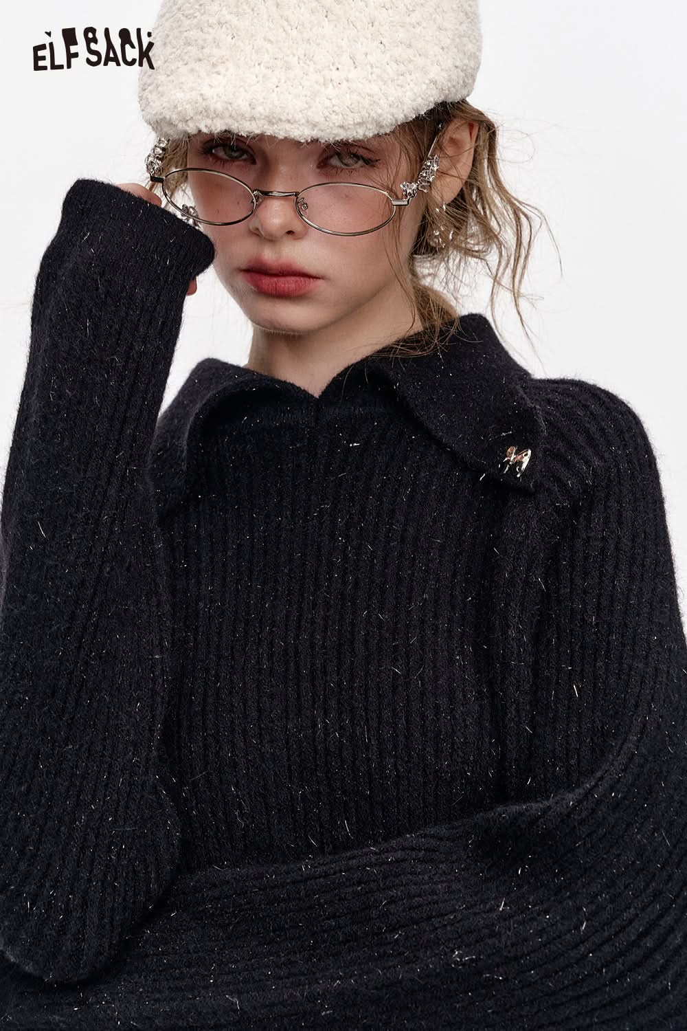 ELFSACK White Polo Neck Sweater Women Bow Metal Decoration