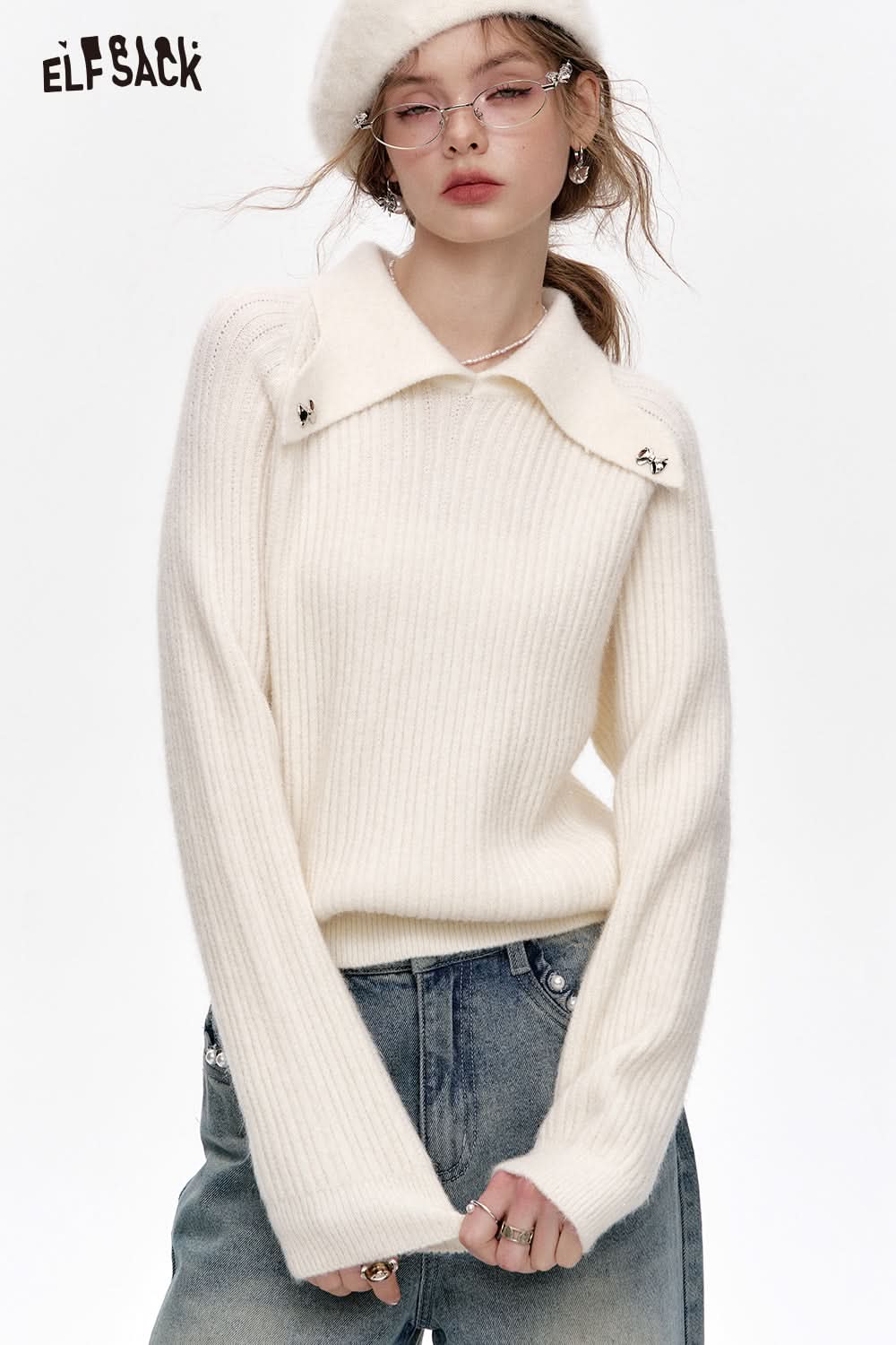 ELFSACK White Polo Neck Sweater Women Bow Metal Decoration