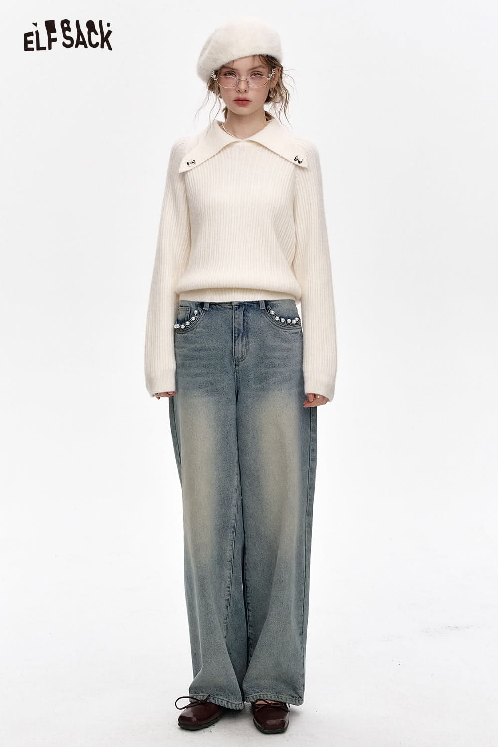 ELFSACK White Polo Neck Sweater Women Bow Metal Decoration