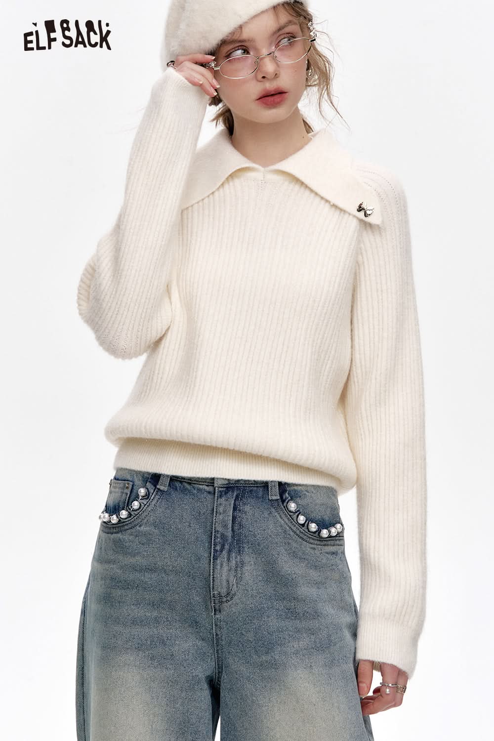 ELFSACK White Polo Neck Sweater Women Bow Metal Decoration