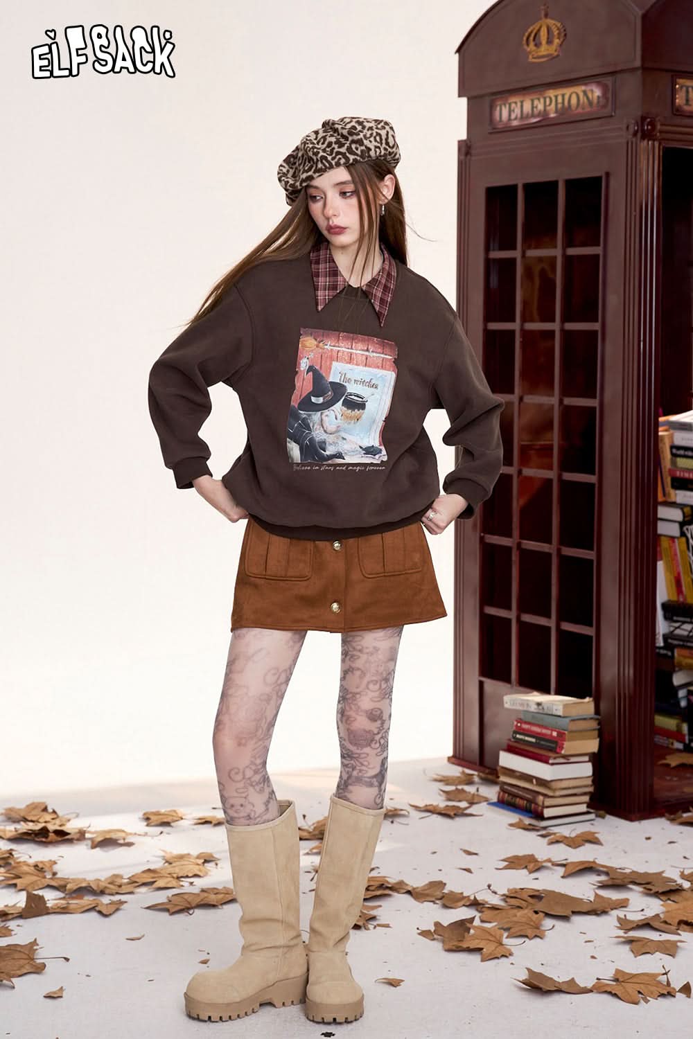 ELFSACK Original printed fake two-piece sweatshirt, retro college style fleece top