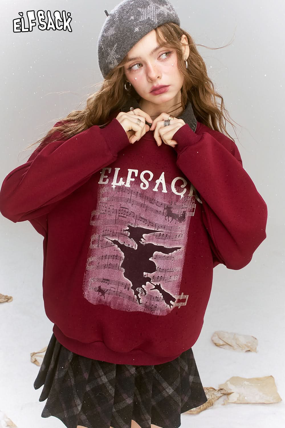 ELFSACK Original printed fake two-piece sweatshirt, retro college style fleece top