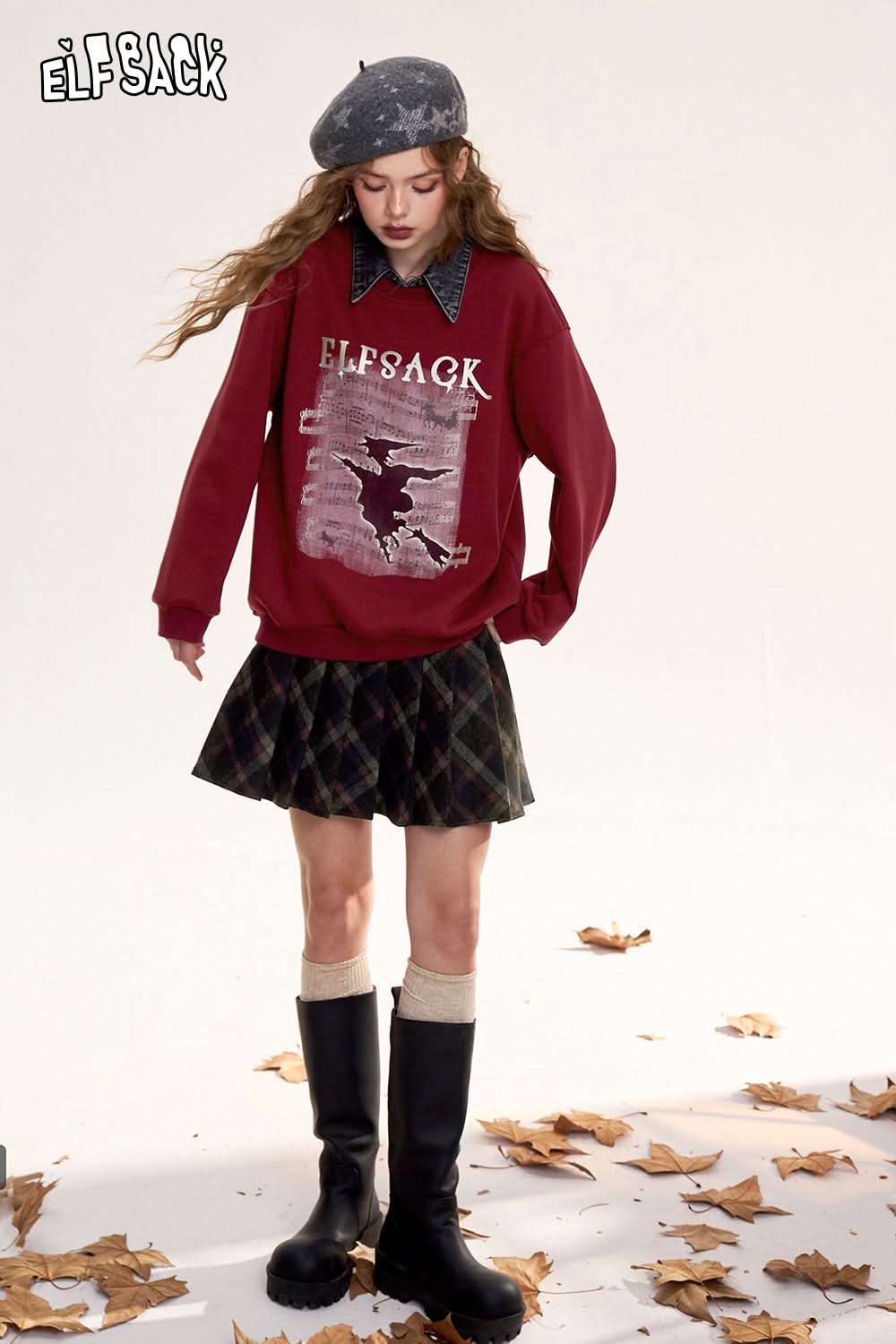 ELFSACK Original printed fake two-piece sweatshirt, retro college style fleece top