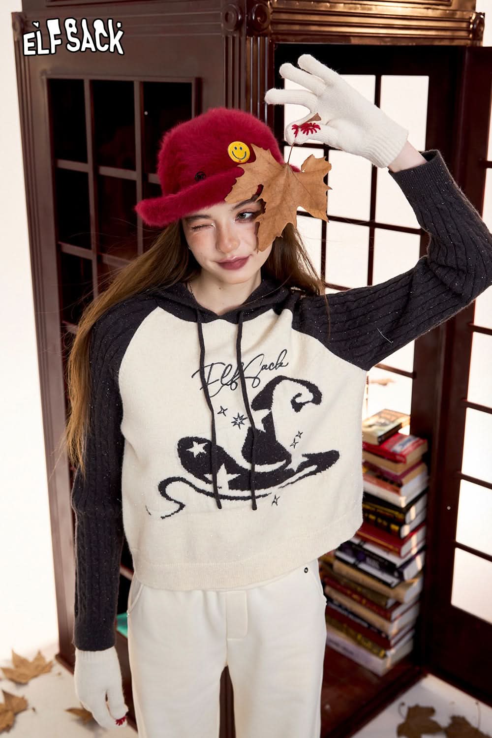 ELFSACK Red Raglan Sleeve Jacquard Hooded Cardigan Women Short Casual Cute Sweet