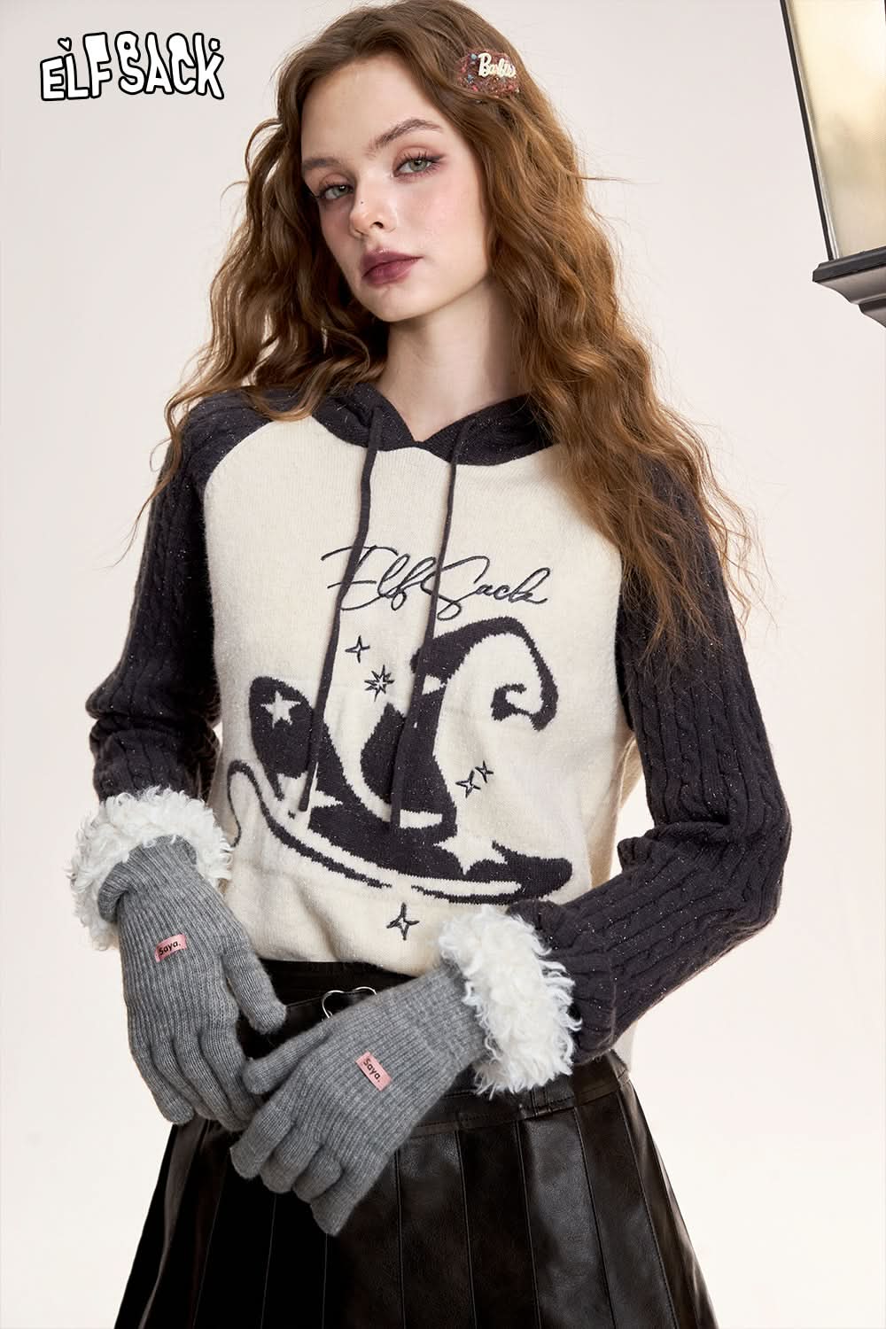 ELFSACK Red Raglan Sleeve Jacquard Hooded Cardigan Women Short Casual Cute Sweet