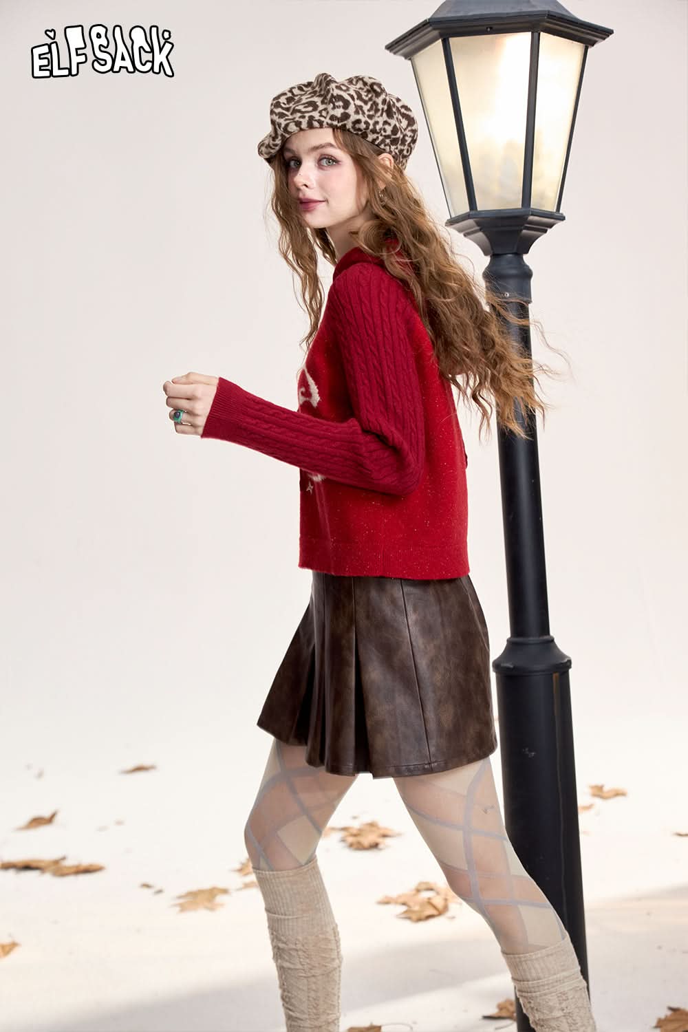 ELFSACK Red Raglan Sleeve Jacquard Hooded Cardigan Women Short Casual Cute Sweet