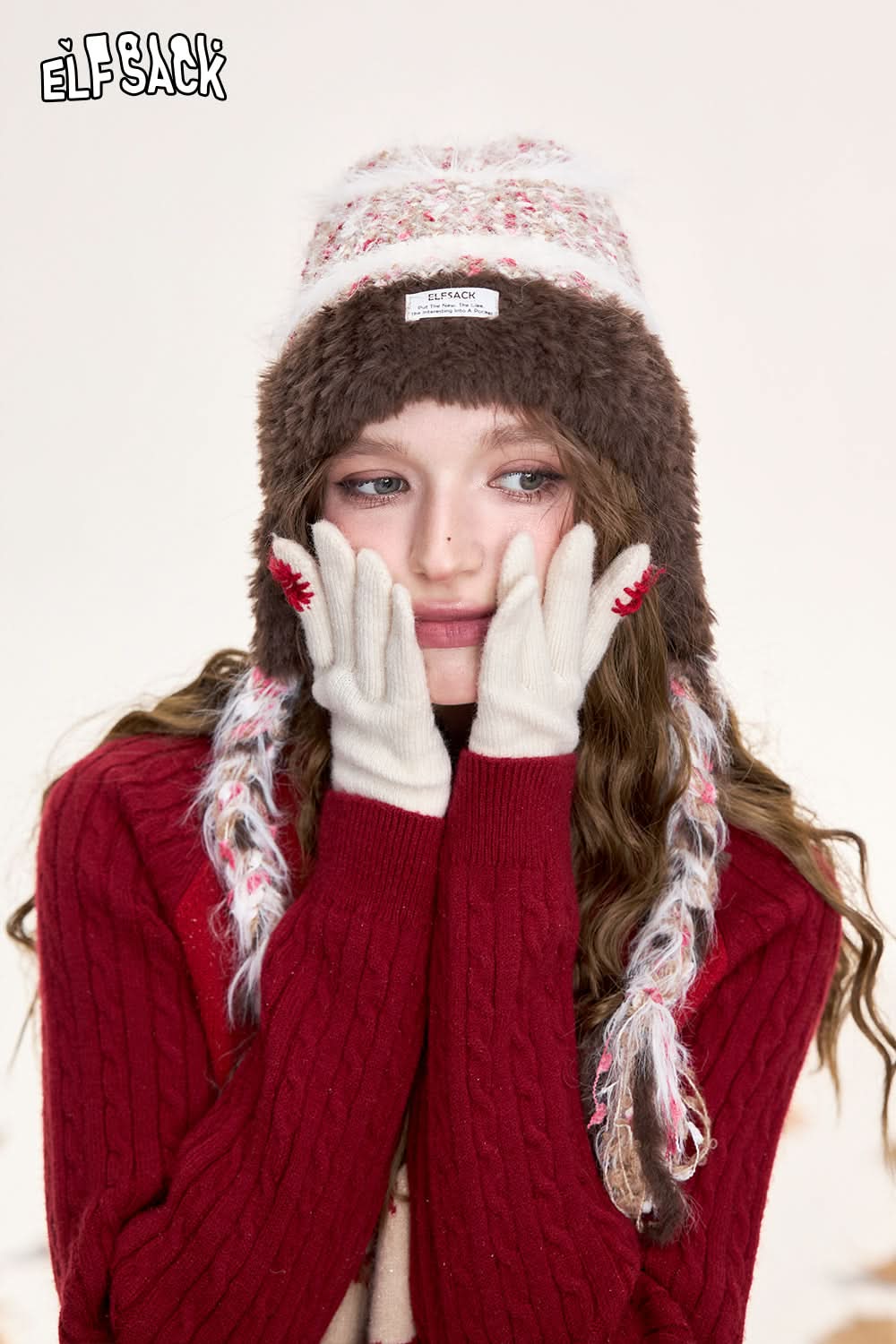 ELFSACK Red Raglan Sleeve Jacquard Hooded Cardigan Women Short Casual Cute Sweet