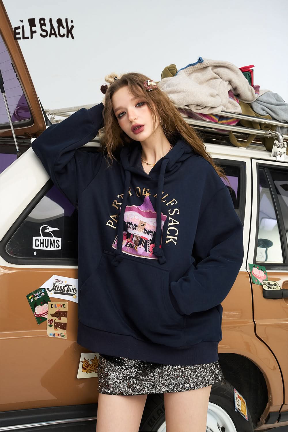ELFSACK Original cartoon print retro hooded sweatshirt