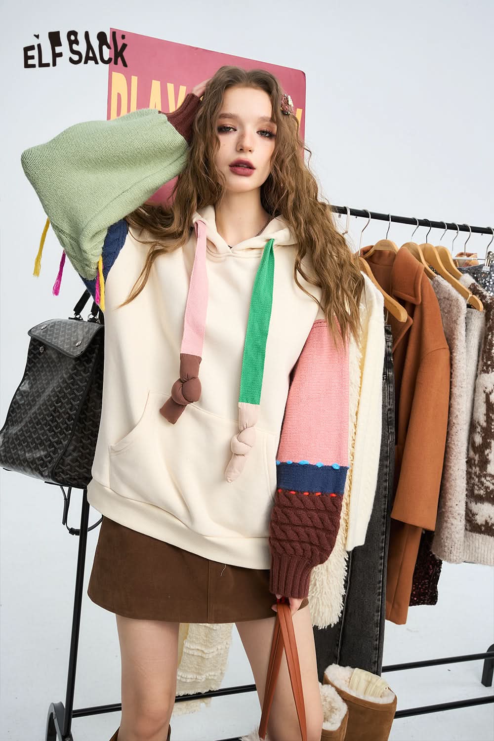 ELFSACK Contrast color hooded knitted patchwork sleeves hooded sweatshirt