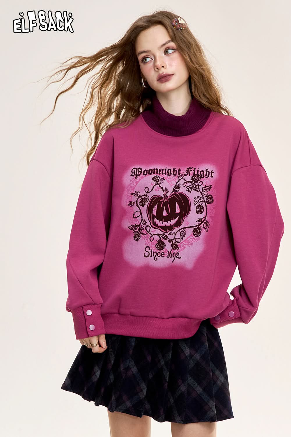 ELFSACK Original printed fake two-piece loose sweatshirt, retro American style plus velvet top