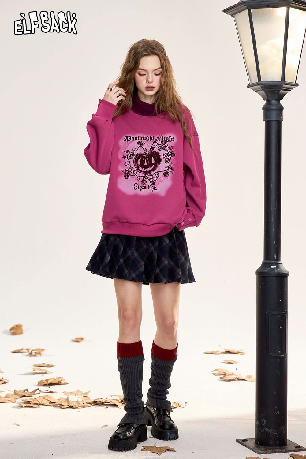 ELFSACK Original printed fake two-piece loose sweatshirt, retro American style plus velvet top