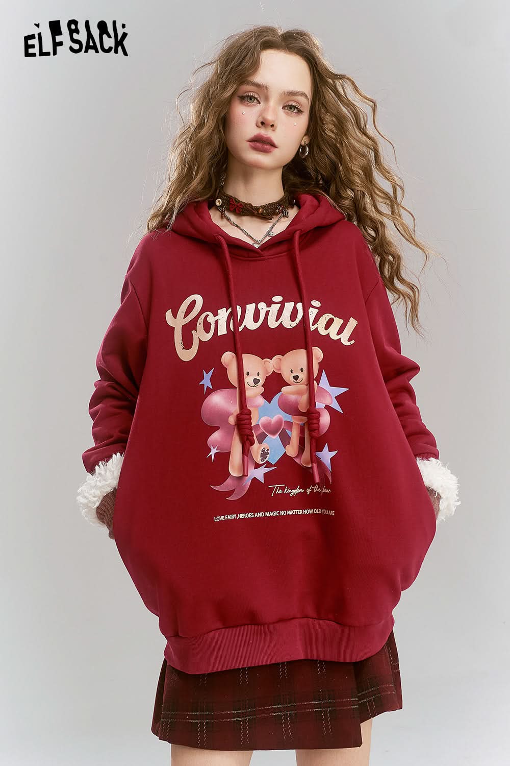ELFSACK Original printed red hooded fleece warm hoodie
