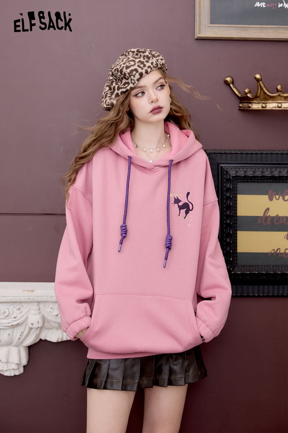 ELFSACK Loose Preppy style witch embroidery hoodie retro cute fleece top