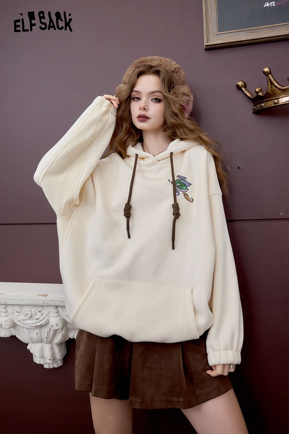 ELFSACK Loose Preppy style witch embroidery hoodie retro cute fleece top