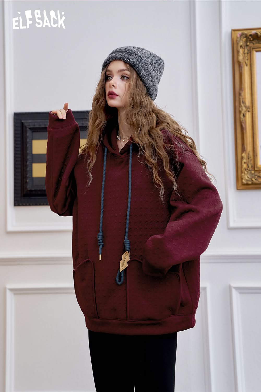 ELFSACK Preppy style loose hoodie women cute fleece top