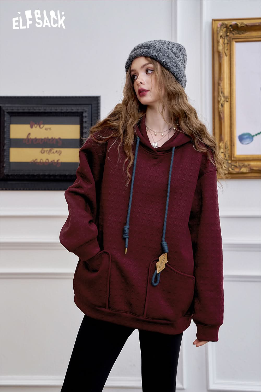 ELFSACK Preppy style loose hoodie women cute fleece top
