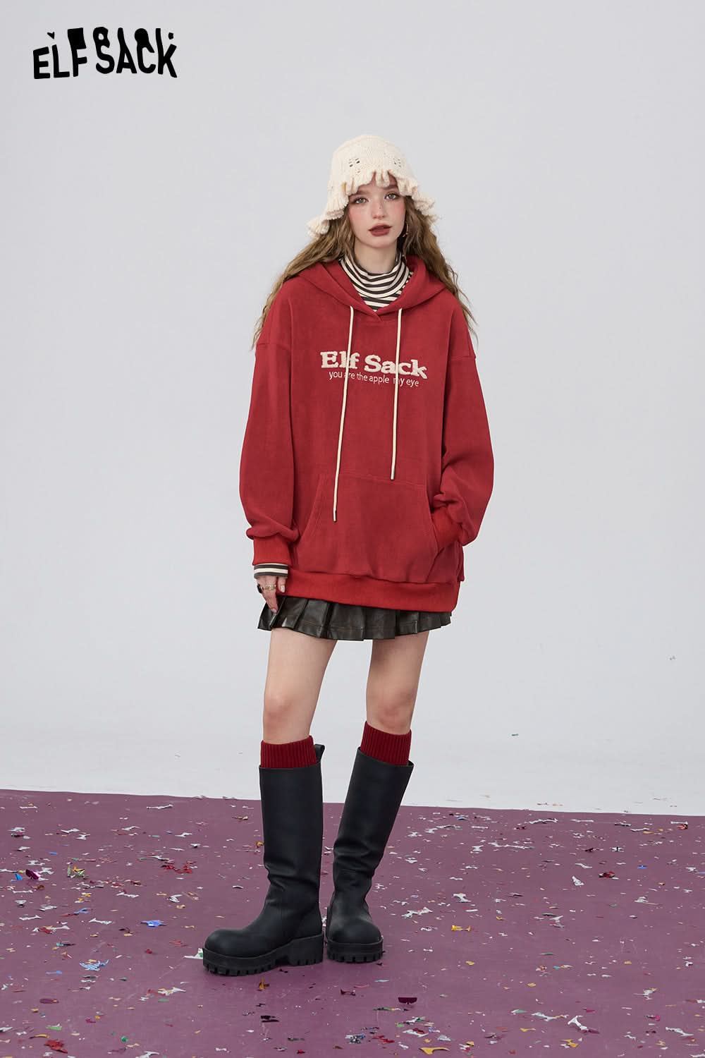 ELFSACK Red Retro Casual Striped Turtleneck Plus Velvet Loose Hoodie