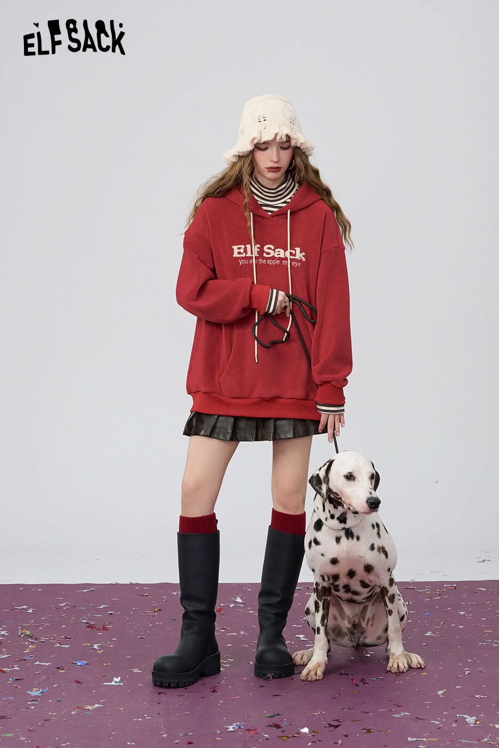 ELFSACK Red Retro Casual Striped Turtleneck Plus Velvet Loose Hoodie