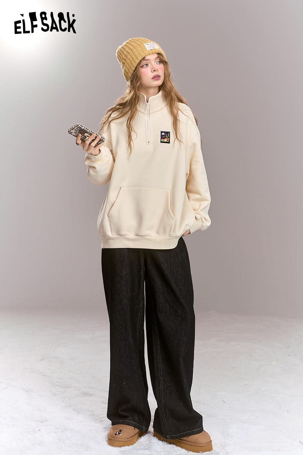 ELFSACK Polo collar half zip fleece sweatshirt, loose fitting Preppy style casual top