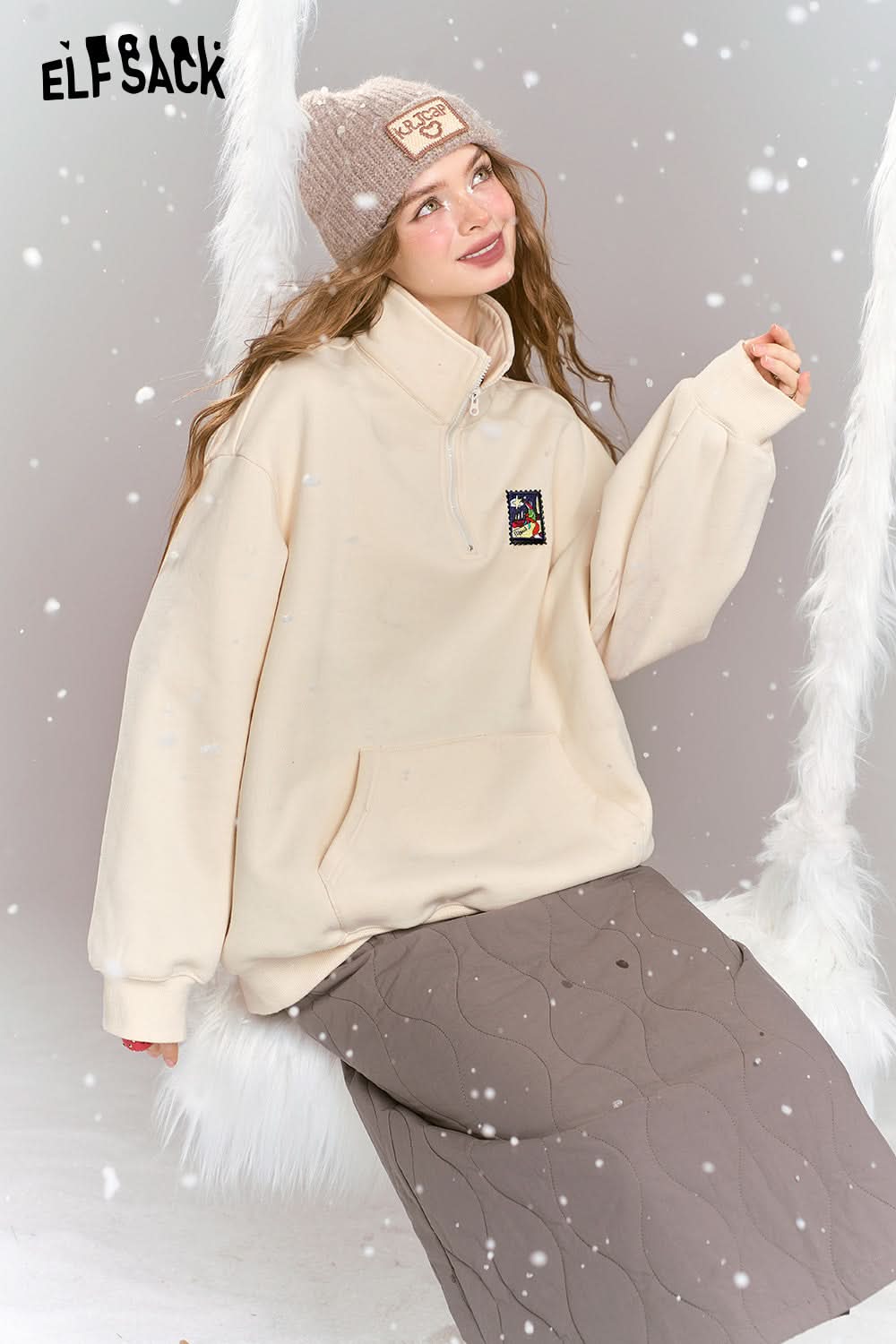 ELFSACK Polo collar half zip fleece sweatshirt, loose fitting Preppy style casual top