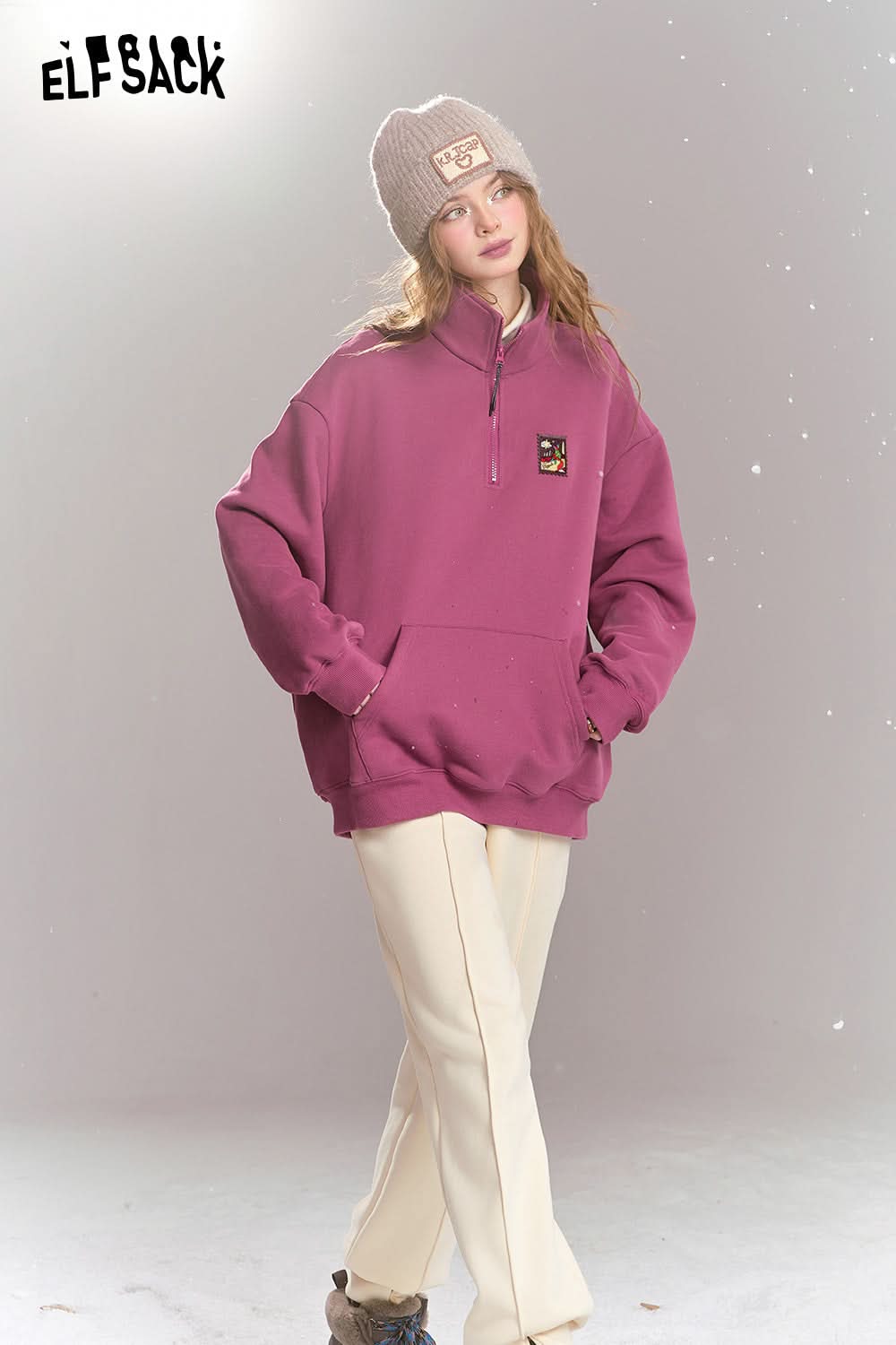 ELFSACK Polo collar half zip fleece sweatshirt, loose fitting Preppy style casual top