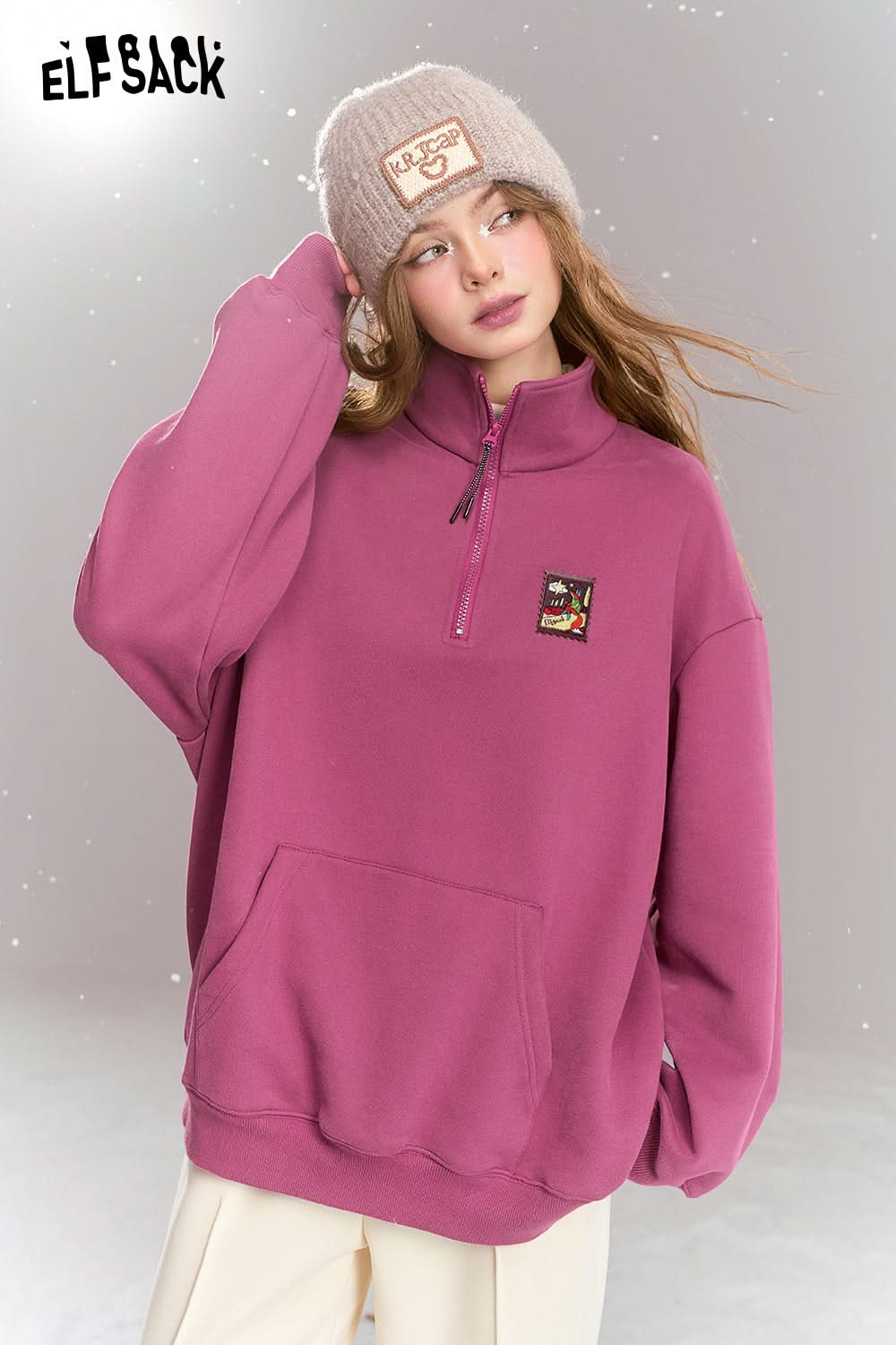 ELFSACK Polo collar half zip fleece sweatshirt, loose fitting Preppy style casual top