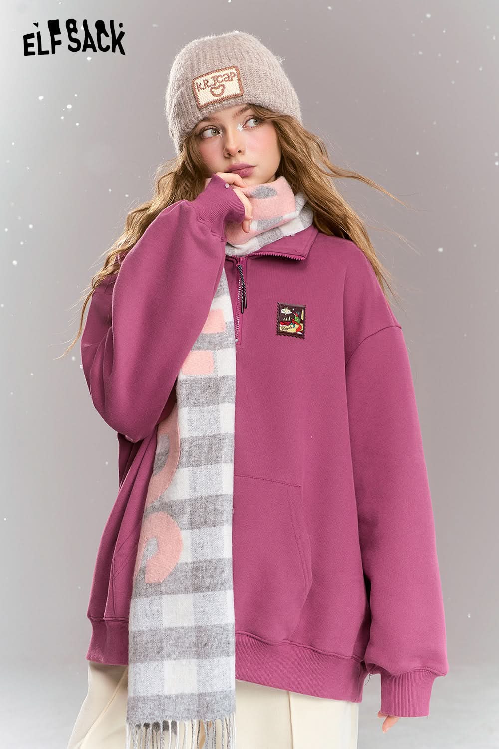 ELFSACK Polo collar half zip fleece sweatshirt, loose fitting Preppy style casual top