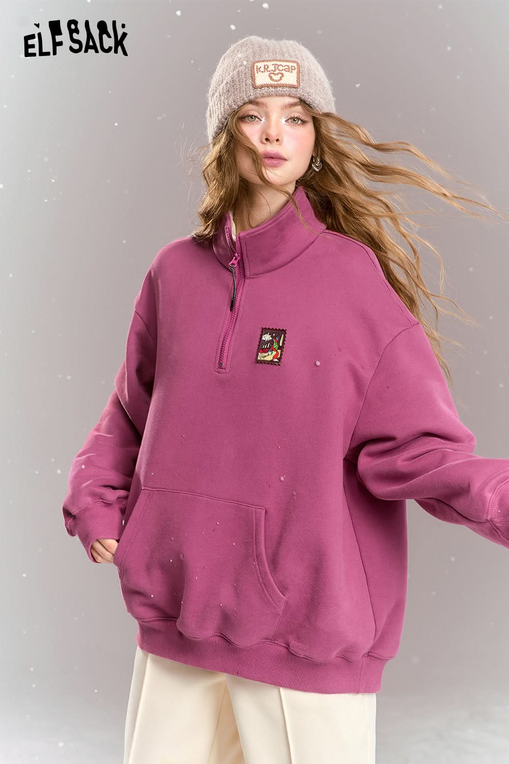 ELFSACK Polo collar half zip fleece sweatshirt, loose fitting Preppy style casual top