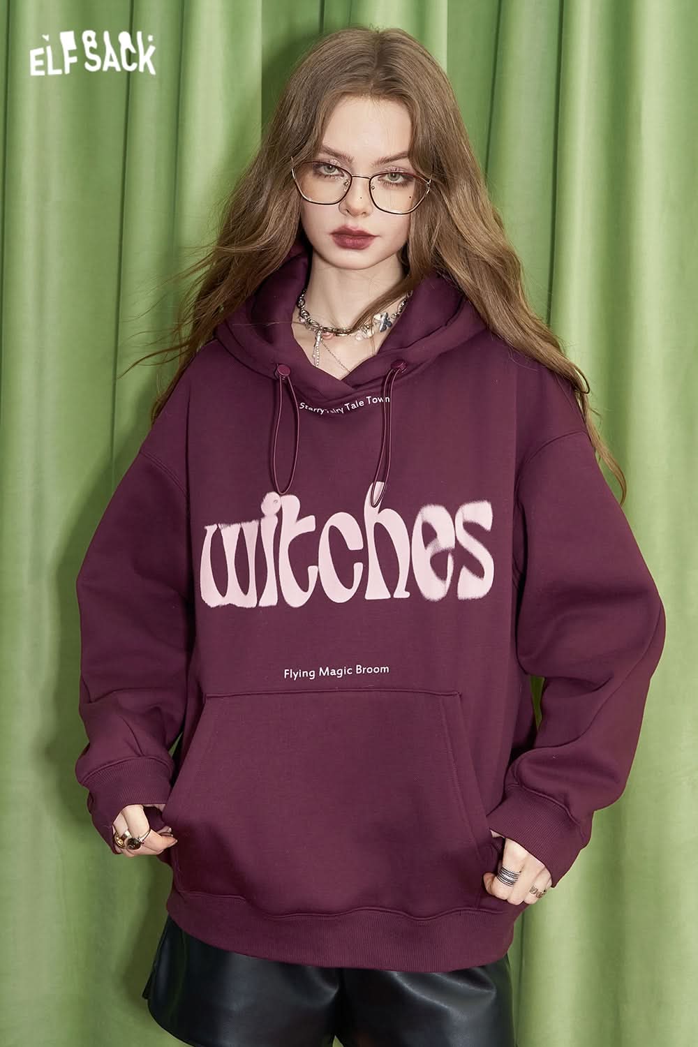 ELFSACK Retro Maillard Letter Plush Hoodies Women Loose Casual Warm Tops