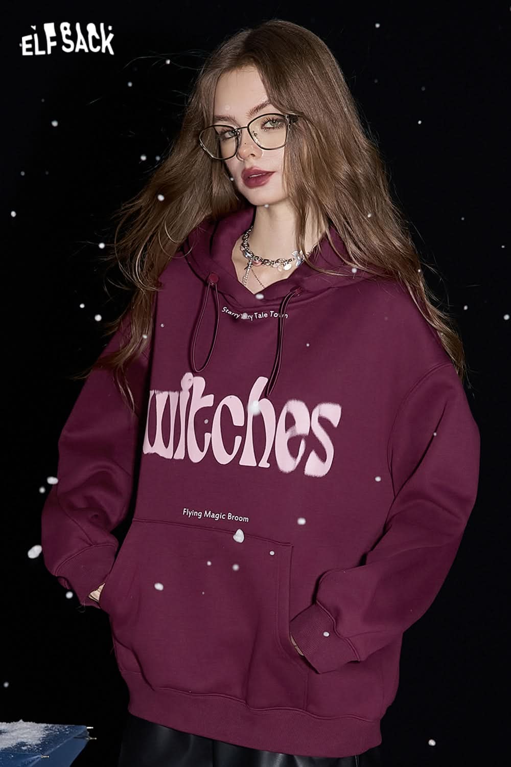 ELFSACK Retro Maillard Letter Plush Hoodies Women Loose Casual Warm Tops