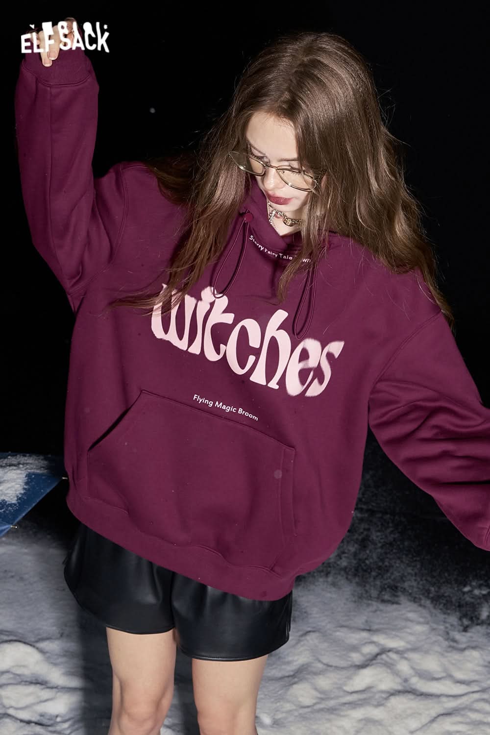 ELFSACK Retro Maillard Letter Plush Hoodies Women Loose Casual Warm Tops