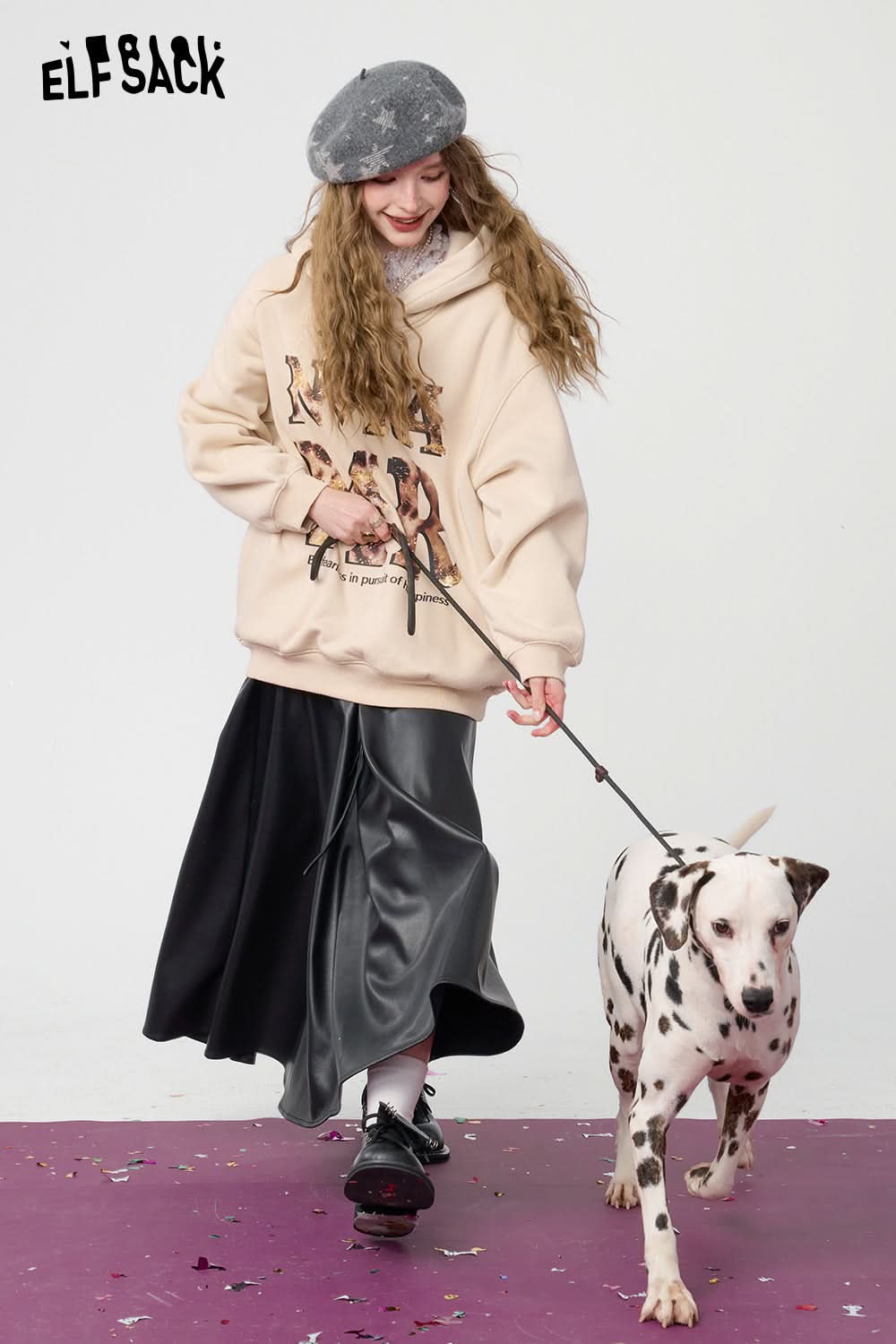 ELFSACK Retro red leopard print with fleece hoodie, Christmas loose casual top