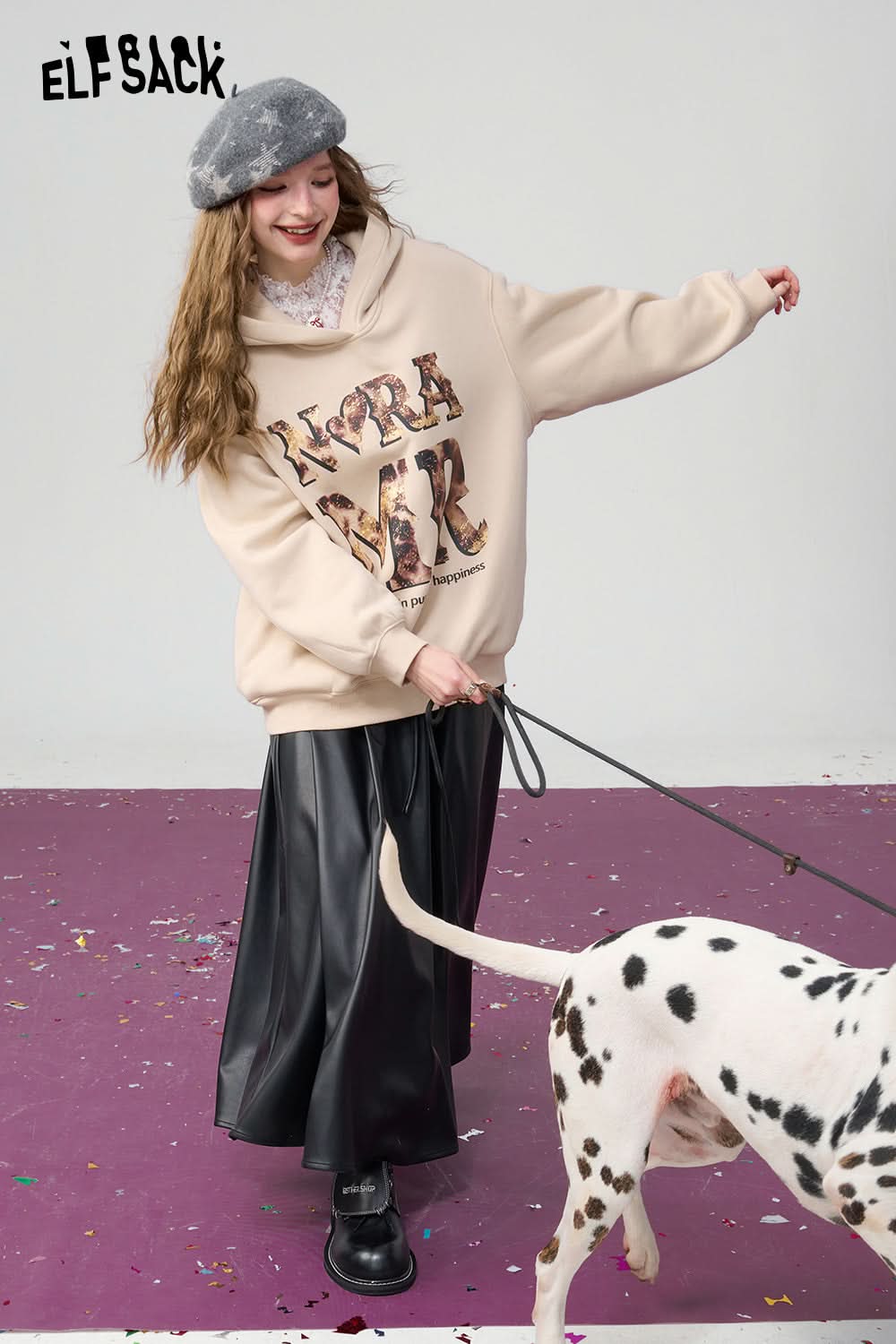 ELFSACK Retro red leopard print with fleece hoodie, Christmas loose casual top