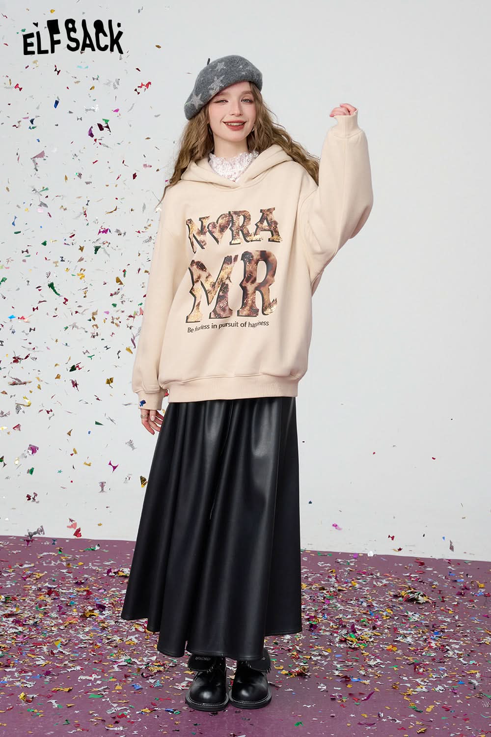 ELFSACK Retro red leopard print with fleece hoodie, Christmas loose casual top