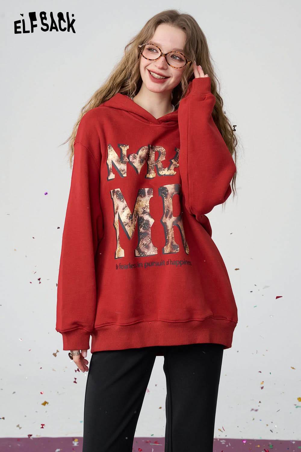 ELFSACK Retro red leopard print with fleece hoodie, Christmas loose casual top