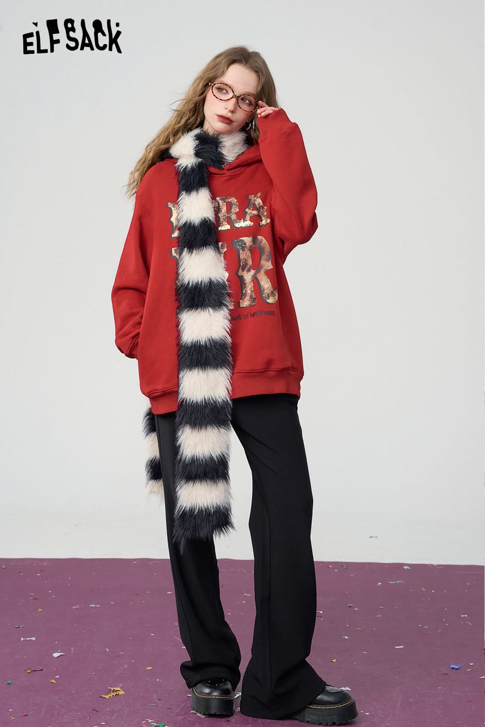 ELFSACK Retro red leopard print with fleece hoodie, Christmas loose casual top